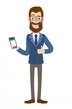 Hareket eden telefon tutarak ve başparmak gösterilmesini hipster işadamı