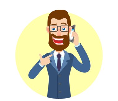 Hipster işadamı onun parmak işaret belgili tanımlık hareket eden telefon