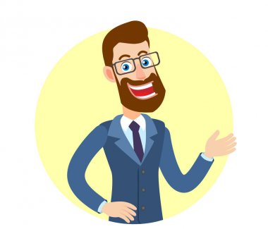 Hoş geldiniz! Davet veya bir yere gösterilen hipster işadamı