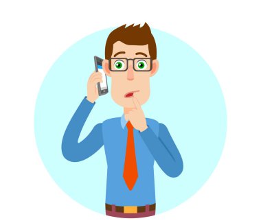 Cep telefonu üzerinde konuşurken ve parmağıyla ayakta işadamı