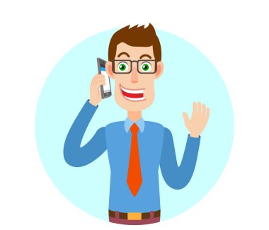 Cep telefonu üzerinde konuşurken ve greetin bir el kaldırdı işadamı