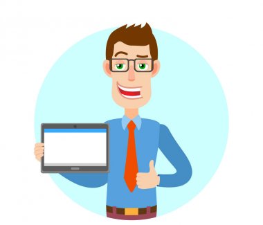 Tutan işadamı tablet Pc ve başparmak gösterilmesini