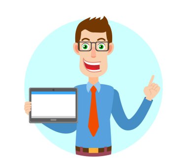 Tutan işadamı tablet Pc ve yukarı dönük