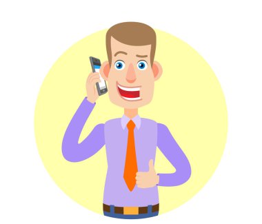 Cep telefonu üzerinde konuşurken ve başparmak gösterilen işadamı