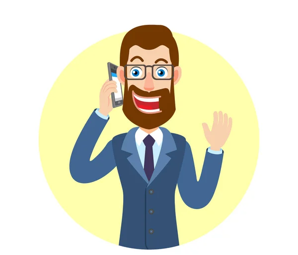 Hipster Homme d'affaires parlant sur téléphone mobile et levé la main dans — Image vectorielle