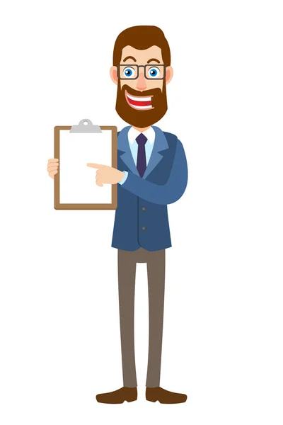 Hipster Empresario apuntando al portapapeles — Vector de stock