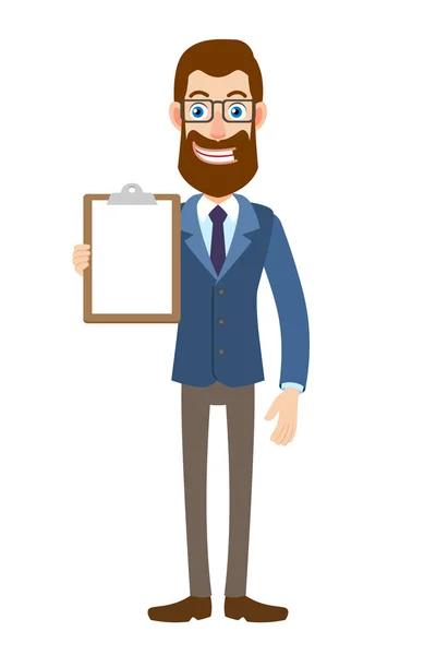 Hipster Empresario mostrando portapapeles — Vector de stock