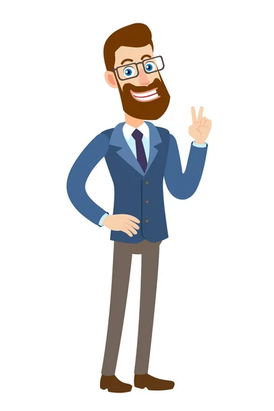 Hipster Businessman showing victory sign. Two thumbs up — Stock Vector