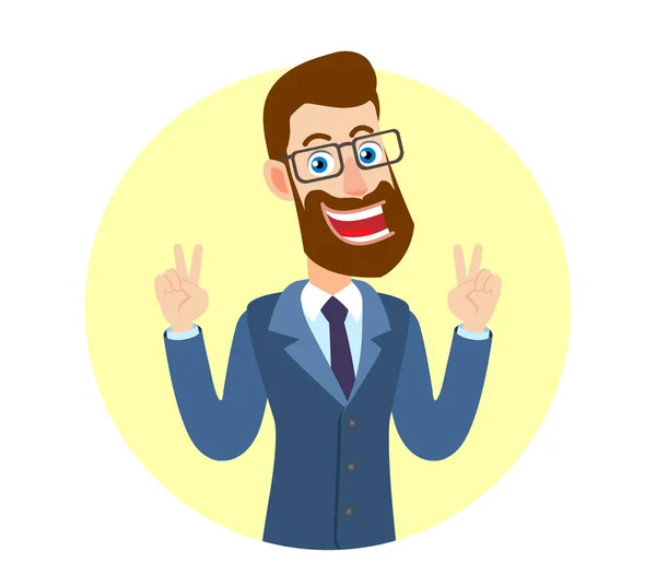 Victoire ! Hipster Homme d'affaires montrant signe de victoire main ou citations — Image vectorielle