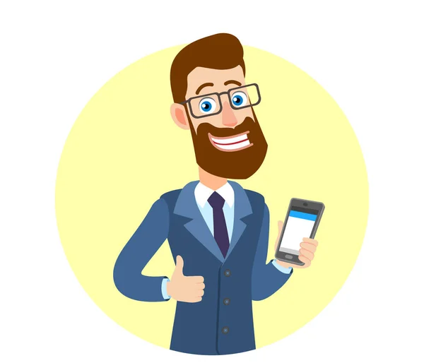 Hipster Empresario mostrando el pulgar hacia arriba y sosteniendo el teléfono móvil — Vector de stock