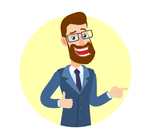 Başparmak gösterilmesini ve onun parmak, işaret hipster işadamı 