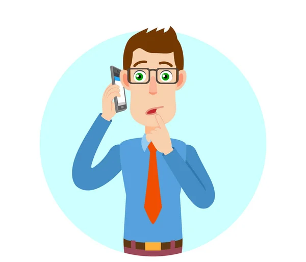 Businessman talking on mobile phone and standing with his finger — Stock Vector