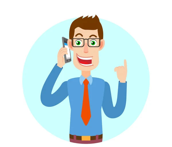 Businessman talking on mobile phone and pointing up — Stock Vector