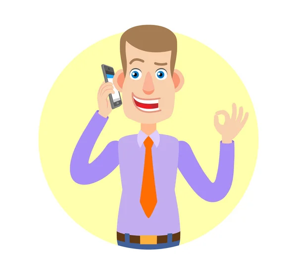 Empresário falando no celular e mostrando um sinal de mão ok — Vetor de Stock