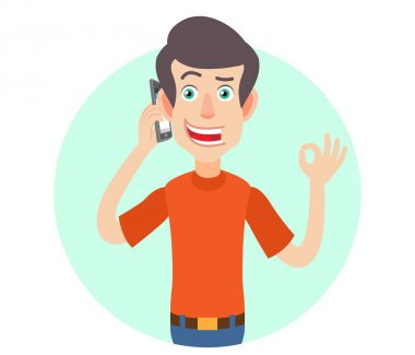 Adam cep telefonu üzerinde konuşurken ve iyi bir işaret gösterilen