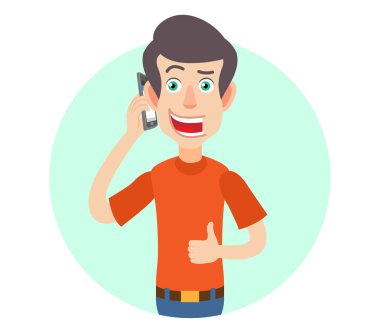 Adam cep telefonu üzerinde konuşurken ve başparmak gösterilmesini
