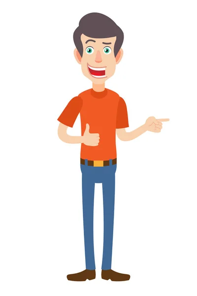 Man showing thumb up and pointing something beside of him — Stock Vector