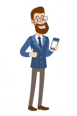 Başparmak gösterilmesini ve cep telefonu tutan hipster işadamı