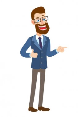 Başparmak gösterilmesini ve onun parmak, işaret hipster işadamı 