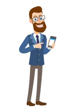 Cep telefonu onun parmak işaret hipster işadamı