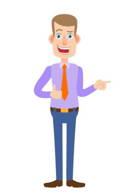 Başparmak gösterilmesini ve işaret eden bir şey yanında Merhaba işadamı