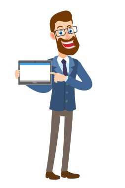 Tablet Pc vasıl onun parmak işaret hipster işadamı