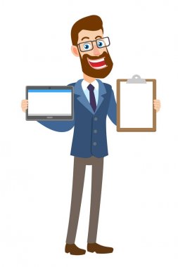 Tablet Pc tutarak ve Pano gösterilen hipster işadamı