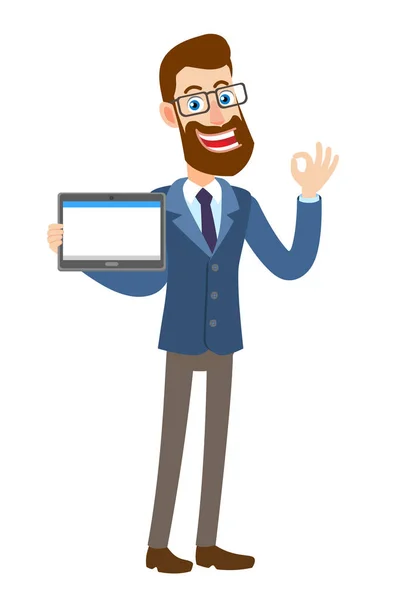 Hipster Homme d'affaires tenant la tablette PC et montrant une bonne main s — Image vectorielle