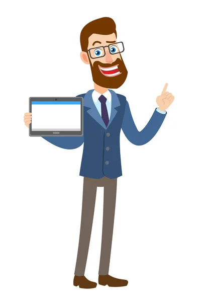 Tablet Pc tutarak ve işaret hipster işadamı; yukarı