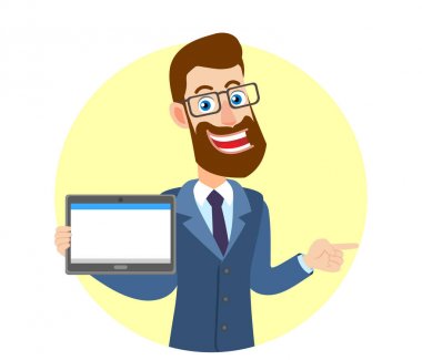 Tablet Pc tutarak ve onun parmak, işaret hipster işadamı