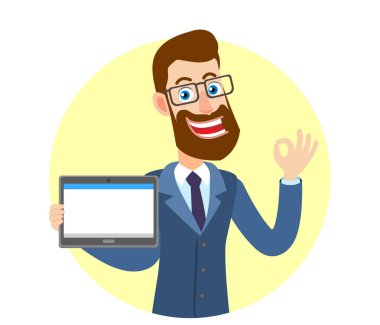 Tablet Pc tutarak ve iyi el s gösterilen hipster işadamı