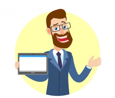 Tablet Pc holding ve gesticulating hipster işadamı