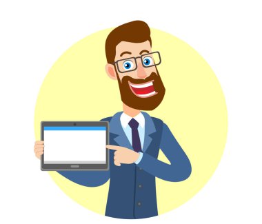 Tablet Pc vasıl onun parmak işaret hipster işadamı