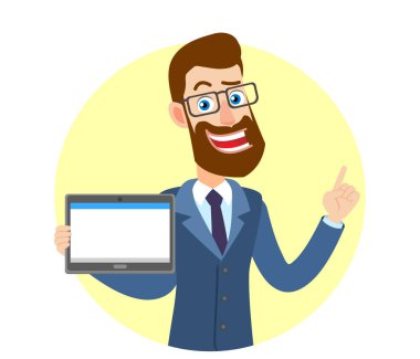 Tablet Pc tutarak ve işaret hipster işadamı; yukarı