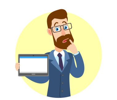 Tablet Pc tutarak ve onun parmak, işaret hipster işadamı