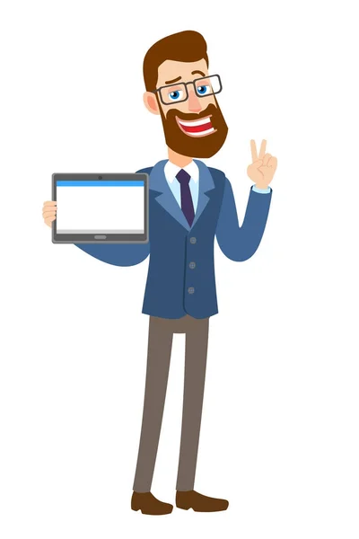 Zafer! Tablet Pc holding ve victo gösterilen hipster işadamı