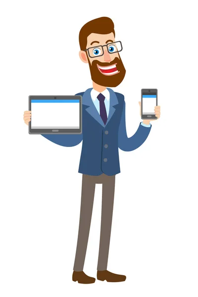 Tablet Pc tutarak ve cep telefonu tutan hipster işadamı