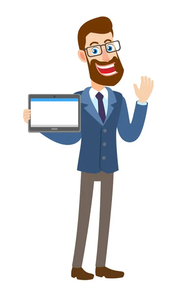Bir elini kaldırdı ve Tablet Pc tutarak hipster işadamı selamlıyorum