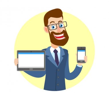 Tablet Pc tutarak ve cep telefonu tutan hipster işadamı