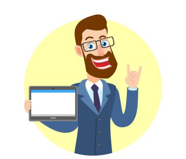 Tablet Pc tutarak ve Rock and Roll gösterilen hipster işadamı 