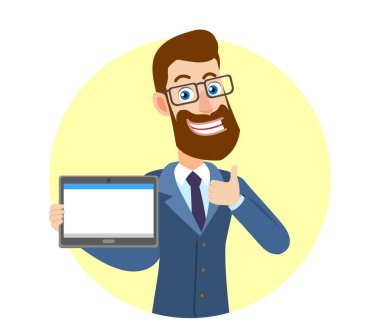 Tablet Pc tutarak ve başparmak gösterilmesini hipster işadamı