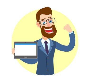 Tablet Pc tutarak ve pazı gösterilen hipster işadamı