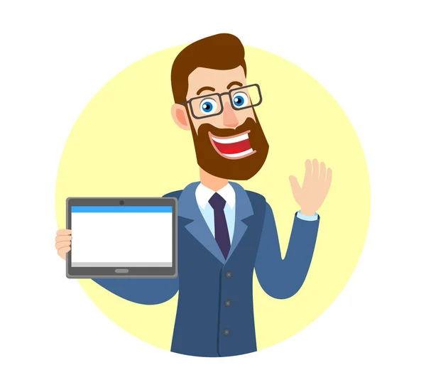Bir elini kaldırdı ve Tablet Pc tutarak hipster işadamı selamlıyorum