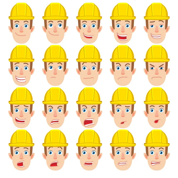 Cartoon Builder Character. Diverse espressioni facciali . — Vettoriale Stock
