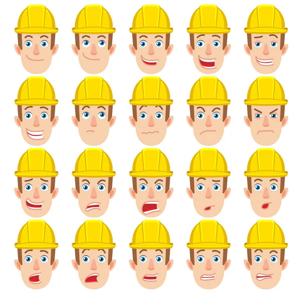 Personagem do Construtor de Desenhos Animados. Diferentes expressões faciais . — Vetor de Stock