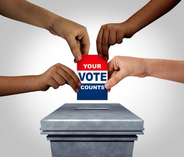 Your vote counts as diverse hands casting a ballot at a voting polling station as an election and democracy concept or diversity in democracy with 3D illustration elements. clipart