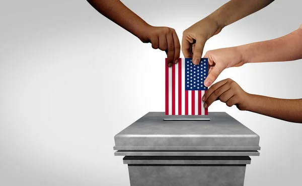 私たちの投票所で投票を行う多様な有権者としての米国の選挙とアメリカの投票は 3次元イラスト要素を持つアメリカの旗を保持する多文化的な手としてのアイデアを投票する権利として — ストック写真