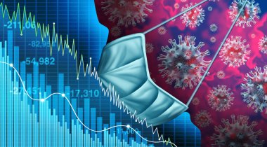 Economy and disease as an economic pandemic fear and coronavirus fears or virus Outbreak and Stock market selling as a sick financial health and business recession concept with 3D illustration elements. clipart