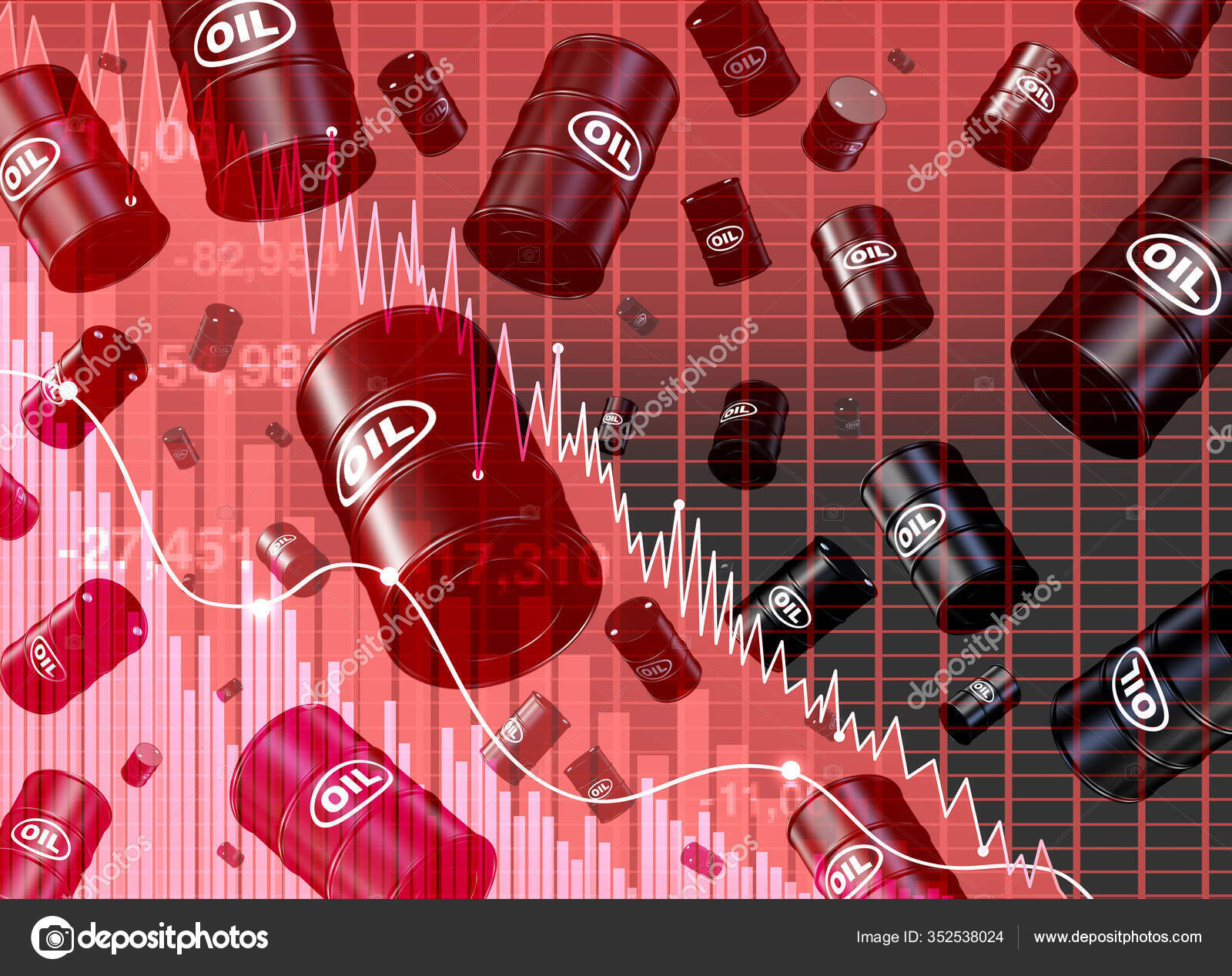 油价下跌和石油价格下跌的概念是一个桶供求关系是一支下行箭是能源股票市场下跌的隐喻有3D例证——图库图片© lightsource #352538024