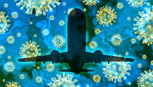 Airline disease Coronavirus and travel risk of virus or bacteria infection in airplanes and germ hygiene in a flight and the dangers to tourists and travellers of covid 19 as a 3D illustration elements.